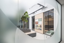 Innenarchitektur Zahnarztpraxis Darmstadt - Blick durch Scheibenfolierung in Wartezimmer mit Baum 