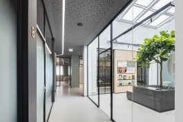Innenarchitektur Zahnarztpraxis Darmstadt - Blick auf Wartezimmer mit Glasdach und Baum 