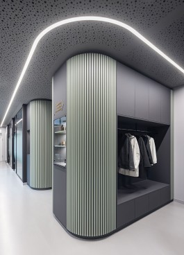 Innenarchitektur Zahnarztpraxis Darmstadt - Möbeldesign Garderobenmöbel und Präsentationsmöbel, anthrazit und salbeigrün 