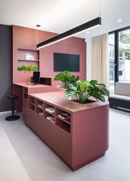 Sanitätshaus Behrmann Darmstadt Innenarchitektur Design Anmeldung Empfang Theke mit Pflanzen barrierefrei mit Stauraum TV Wand Flyerpräsentation Vorhang 
