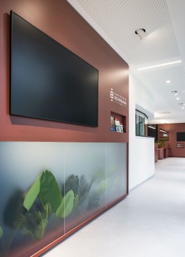 Sanitätshaus Behrmann Darmstadt Innenarchitektur Design TV Wand Wartebereich Flyerpräsentation Möbelbau rot Pflanzen transluzent 